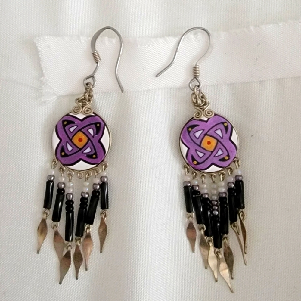 Purple and black dangle earrings
